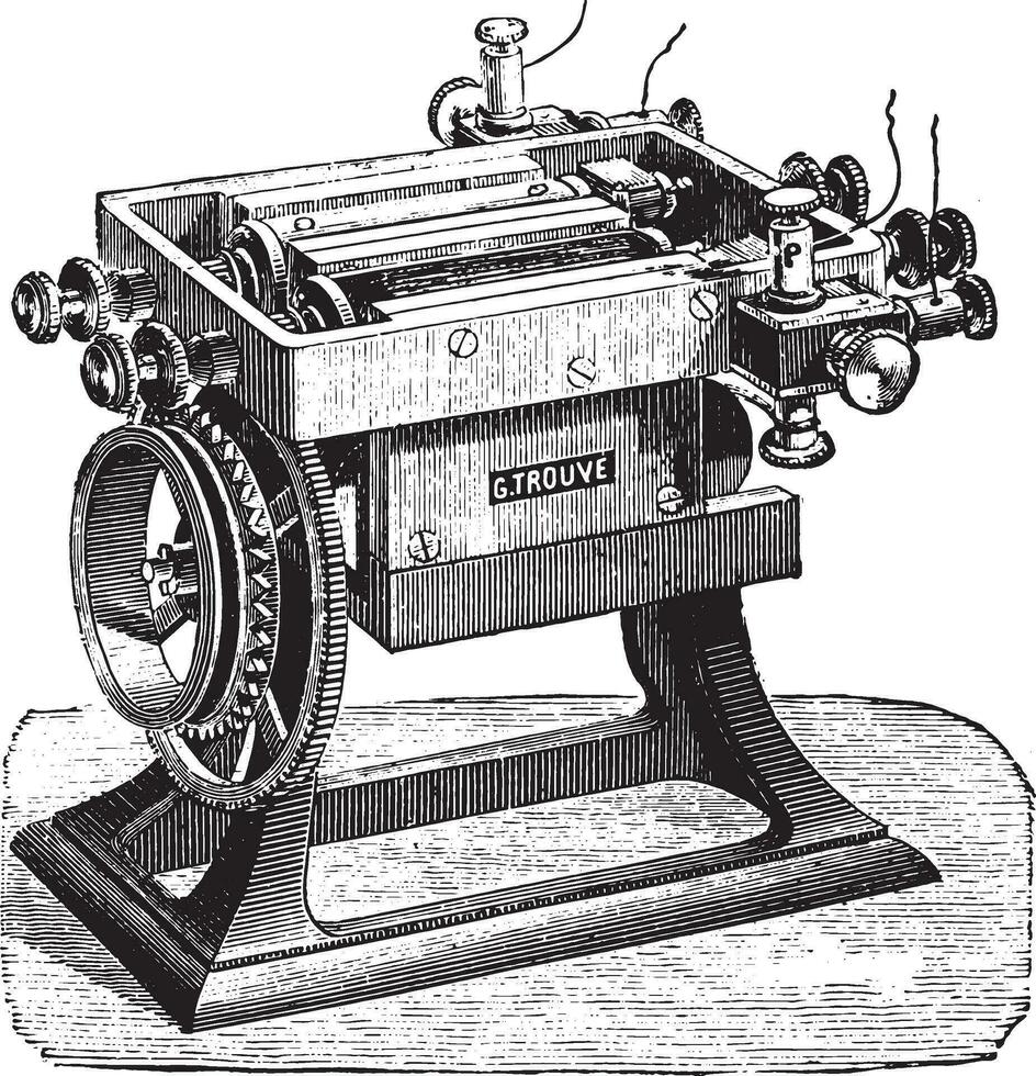 Machine with two combined spools, Mr. Finds, vintage engraving. vector
