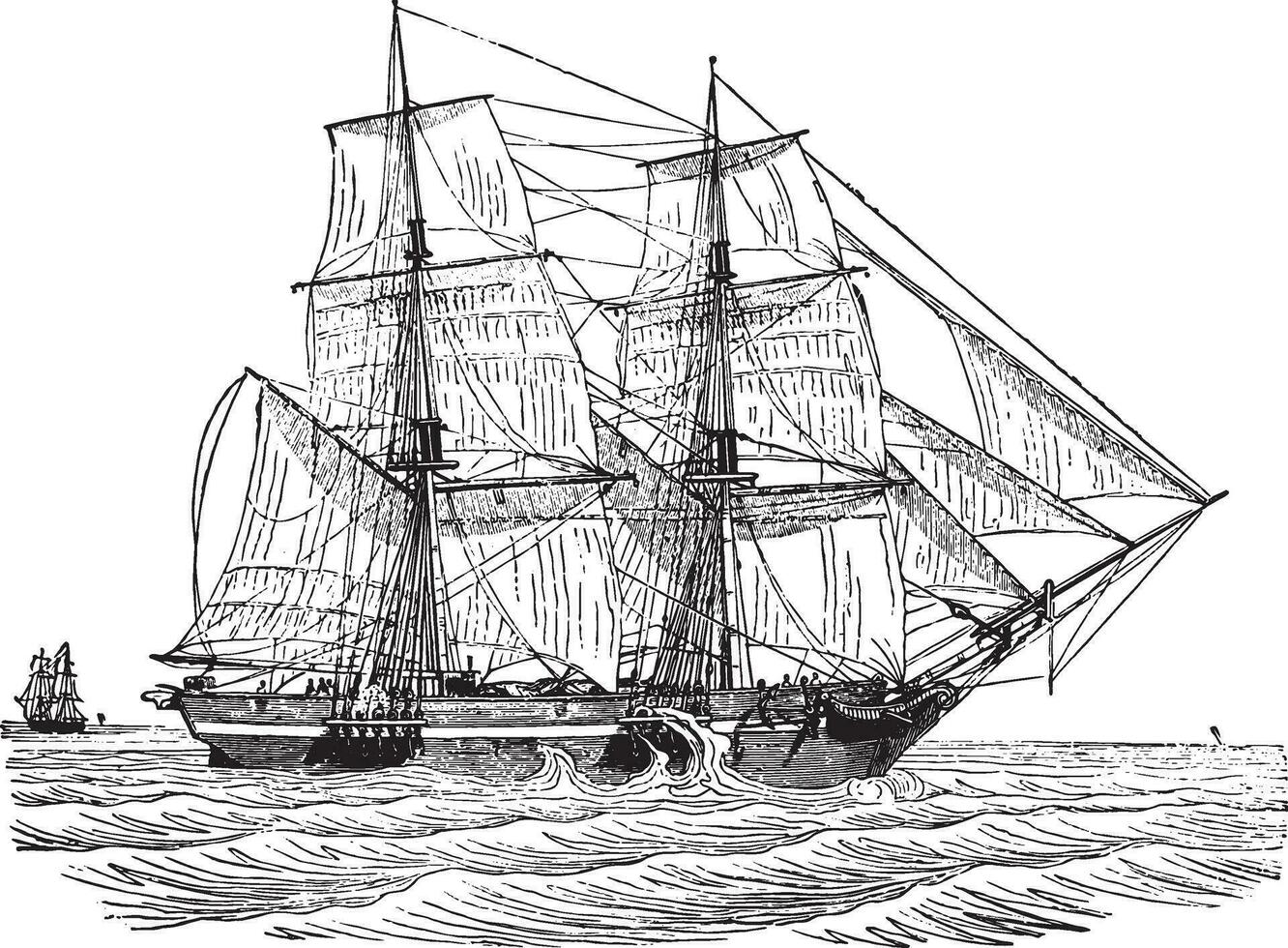 Trading brig as close to the wind, vintage engraving. vector