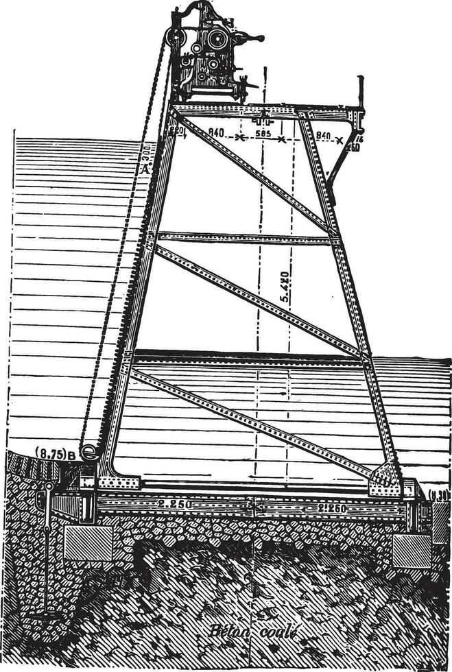Rideau articulated applied to farmhouses and operating winch, vintage engraving. vector