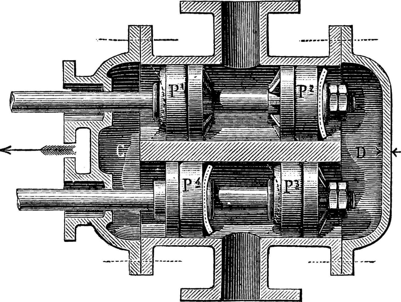 Four pump pistons, direct current, Baillet and Audemar system, vintage engraving. vector