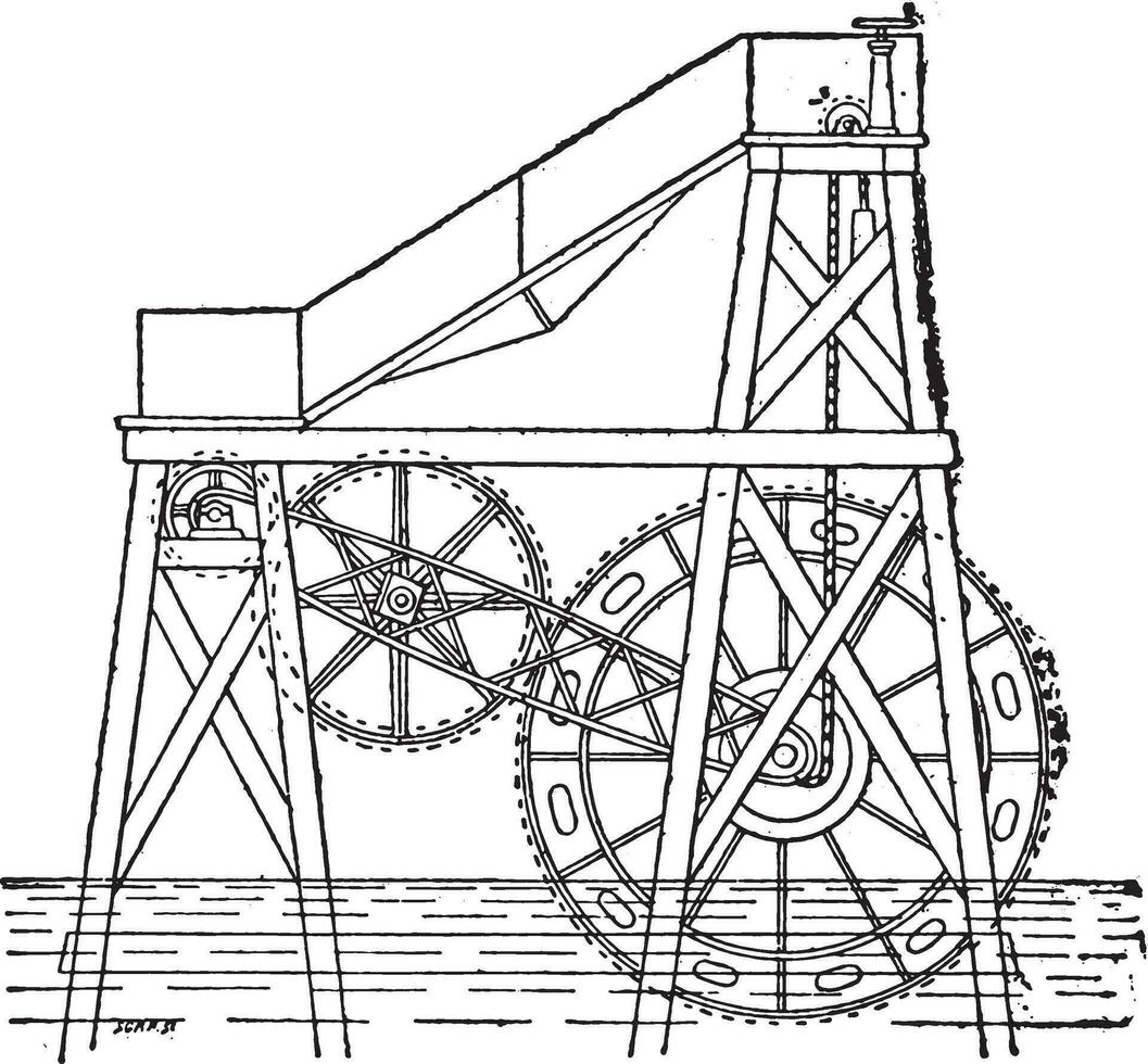 Mr. Colladon floating wheel, vintage engraving. vector