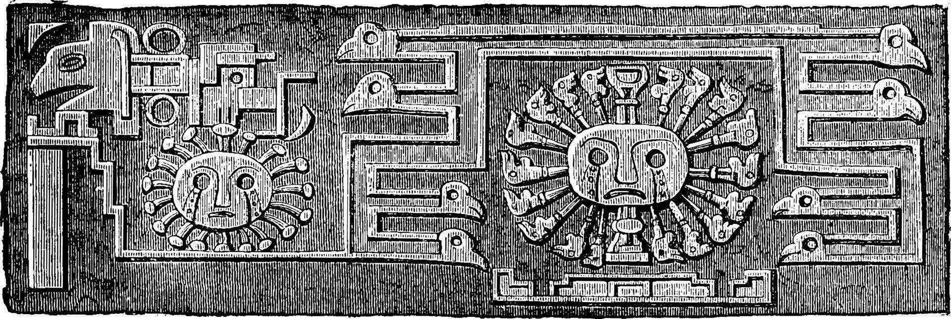 Another detail of the Tiahuanaco monolith door, vintage engraving. vector
