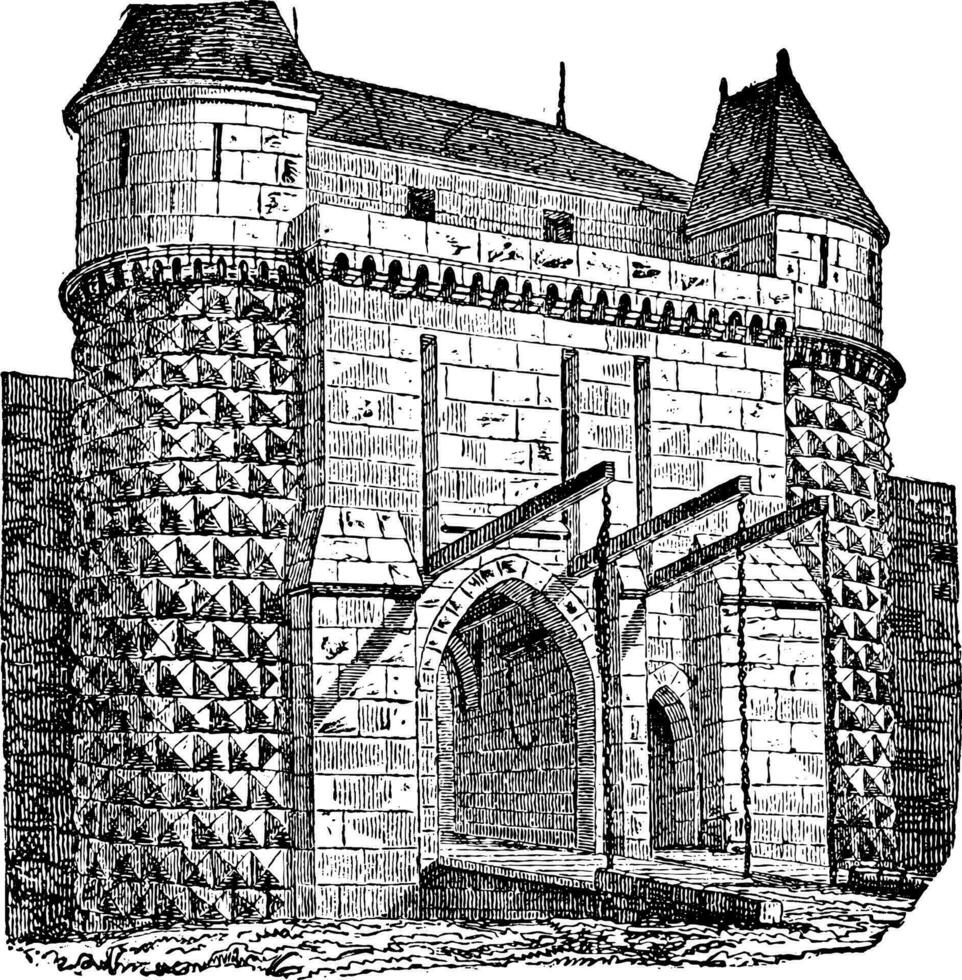 Fortified gate with drawbridges, vintage engraving. vector
