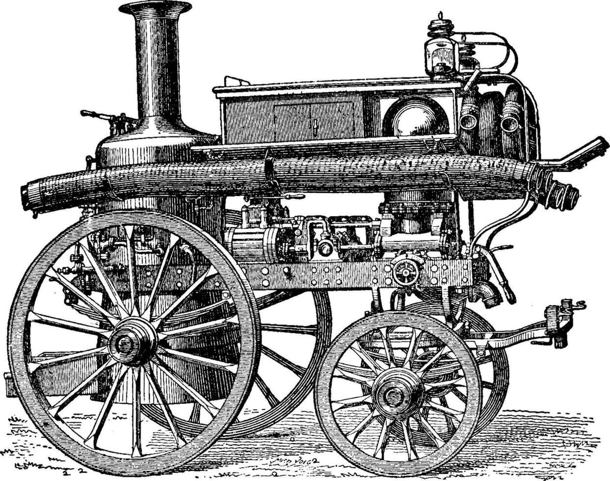 Fire pump steam and direct three-body movement balance, vintage engraving. vector