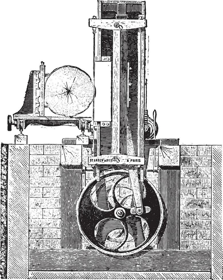 Vertical reciprocating saw blade with a single truck for logs, vintage engraving. vector