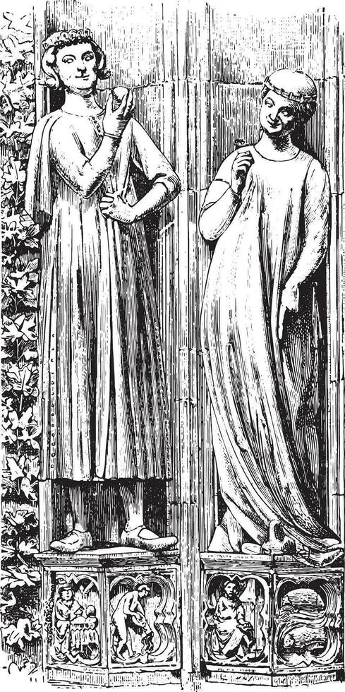 The south portal statues Strasbourg Cathedral, Late thirteenth century, vintage engraving. vector