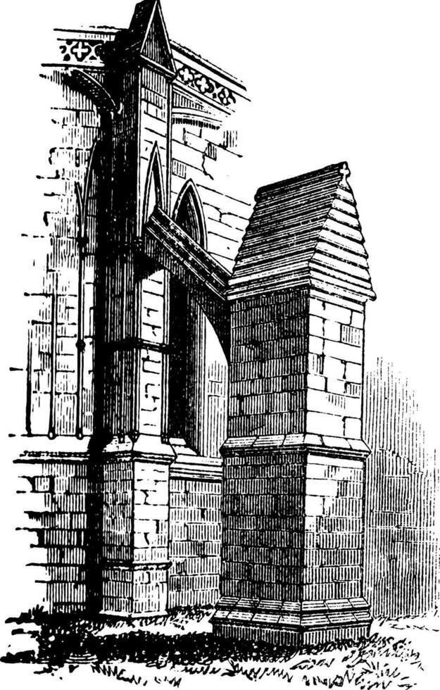 Buttress arch of Lincoln Cathedral chapter, England. Old engraving. vector