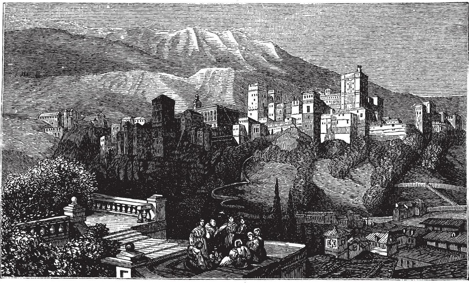 The Alhambra, in Granada, Spain. Old engraving around 1890. vector