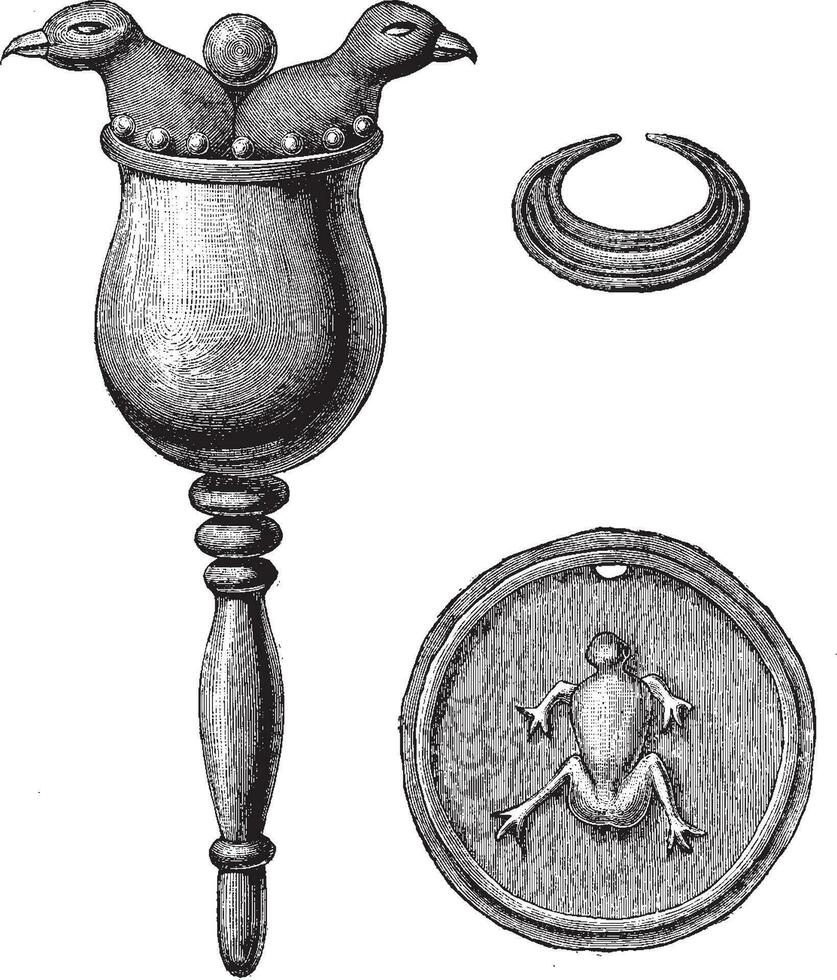 Bone objects found in the tombs of Turbaco, vintage engraving. vector