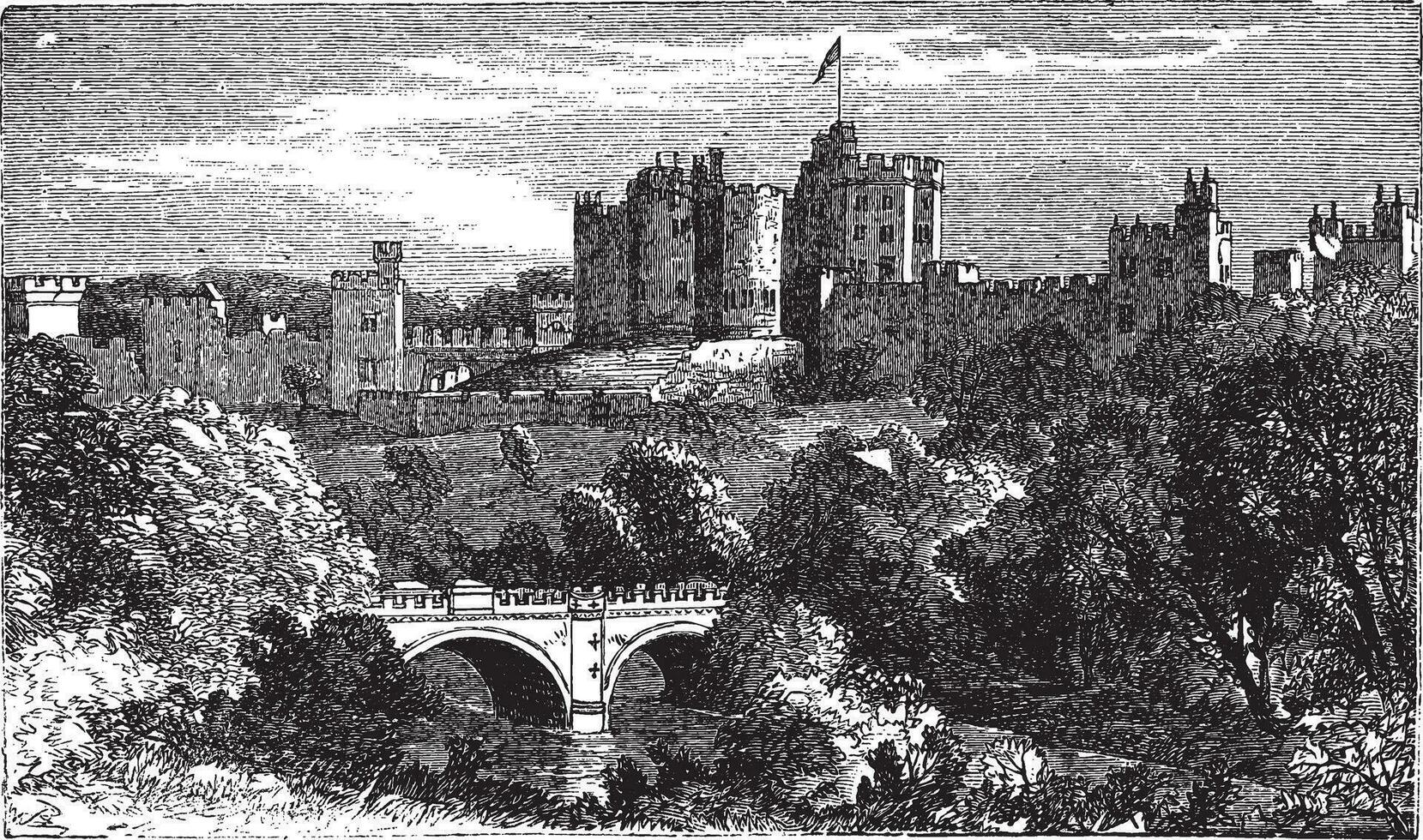 Alnwick Castle, in Alnwick, Northumberland County. 1890 vintage engraved illustration. vector
