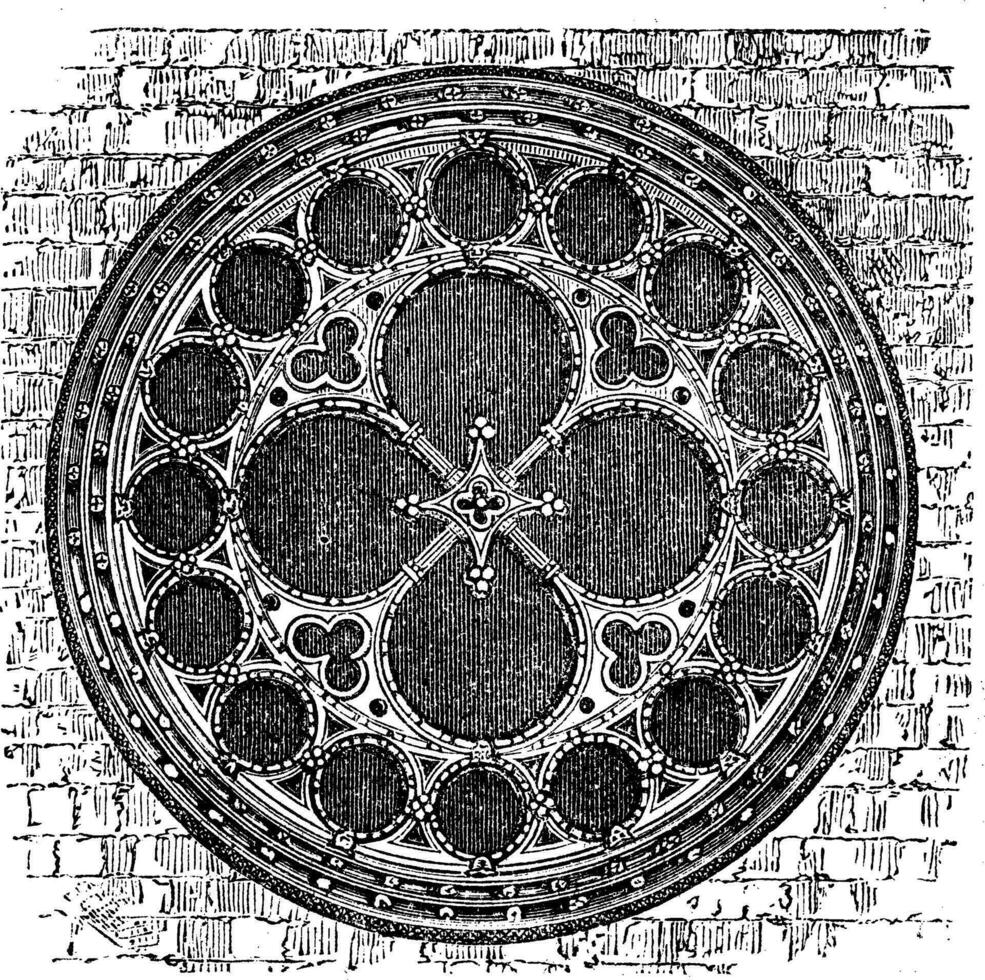 Dean's eye rose window in the North Transept of Lincoln Cathedral, England. Old engraving. vector