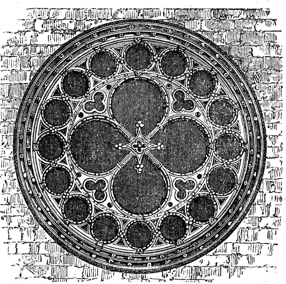 Dean's eye rose window in the North Transept of Lincoln Cathedral, England. Old engraving. vector