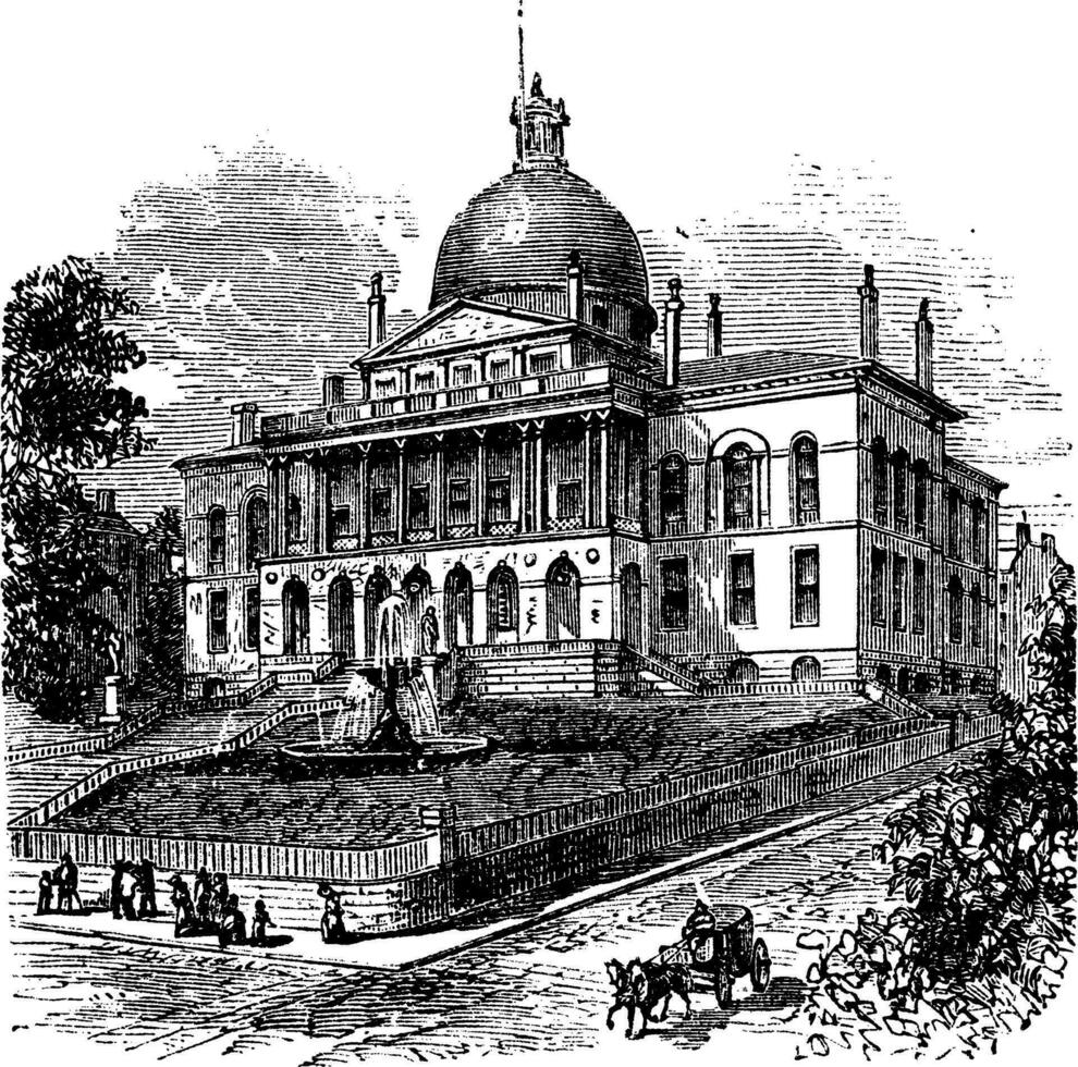 State House or Massachusetts State House or The New State House, Beacon Hill, Boston, Massachusetts, USA vintage engraving vector