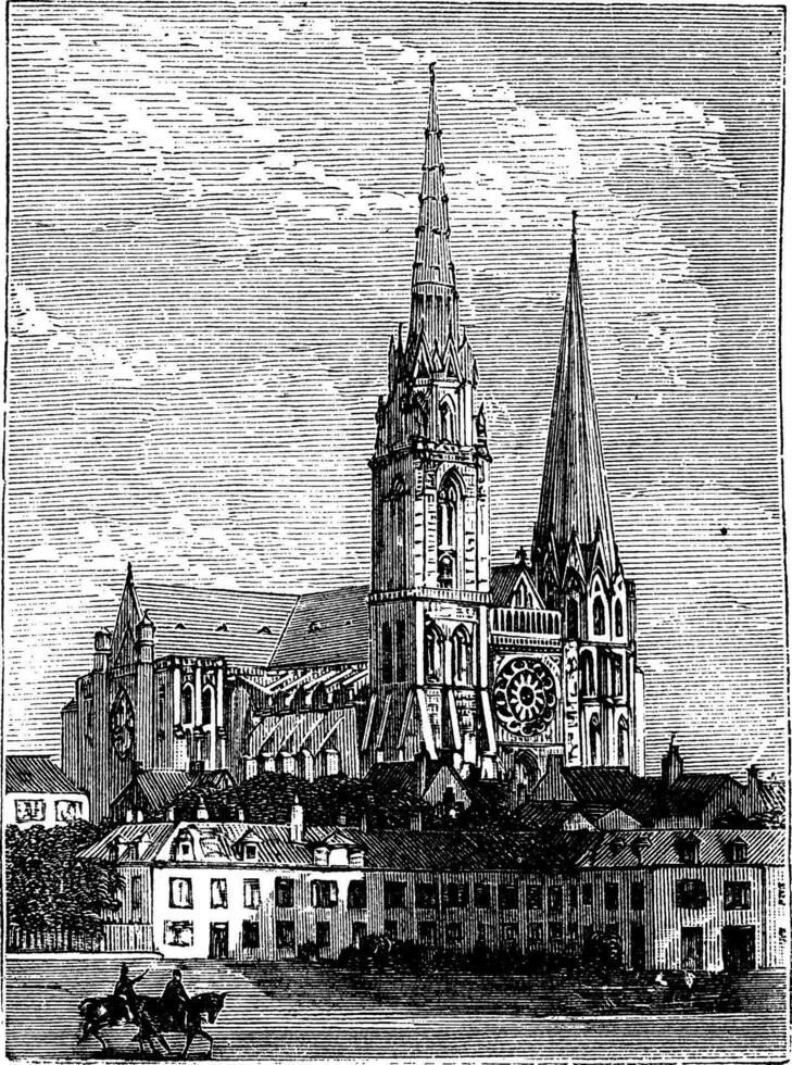 Chartres Cathedral, in Chartres, France, during the 1890s, vintage engraving vector