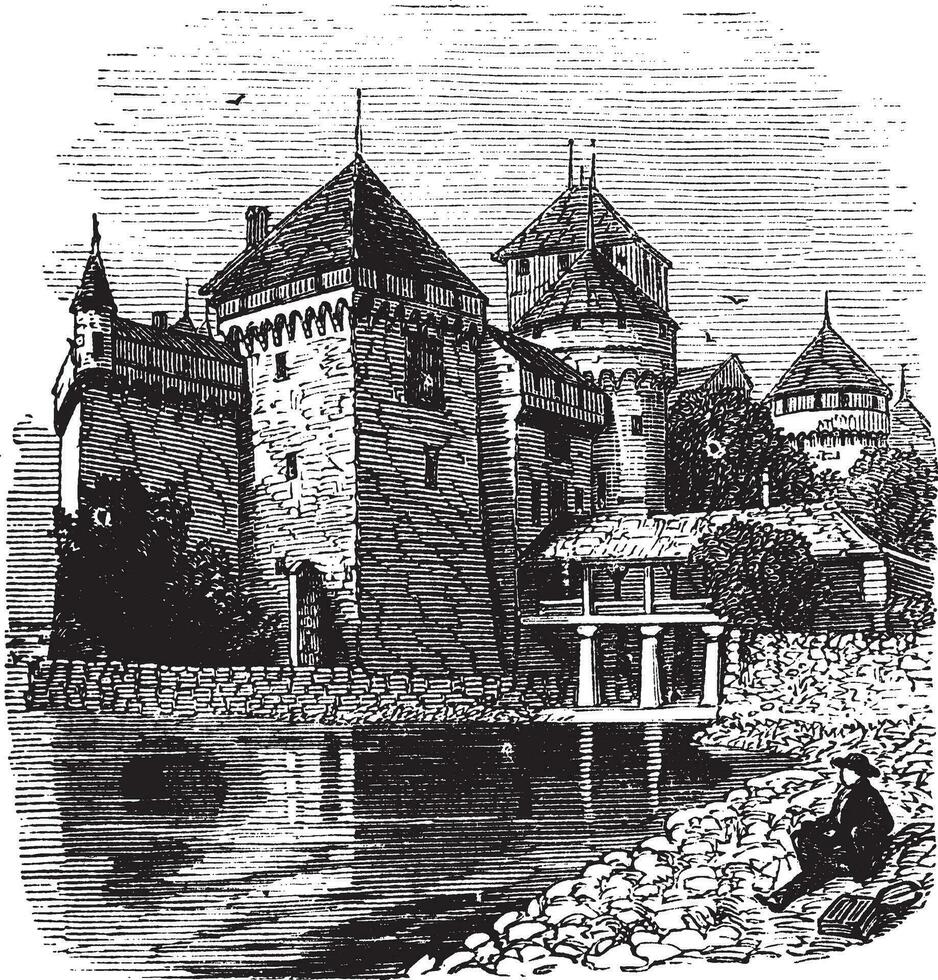 Chillon Castle or Chateau de Chillon in Veytaux, Switzerland, during the 1890s, vintage engraving vector