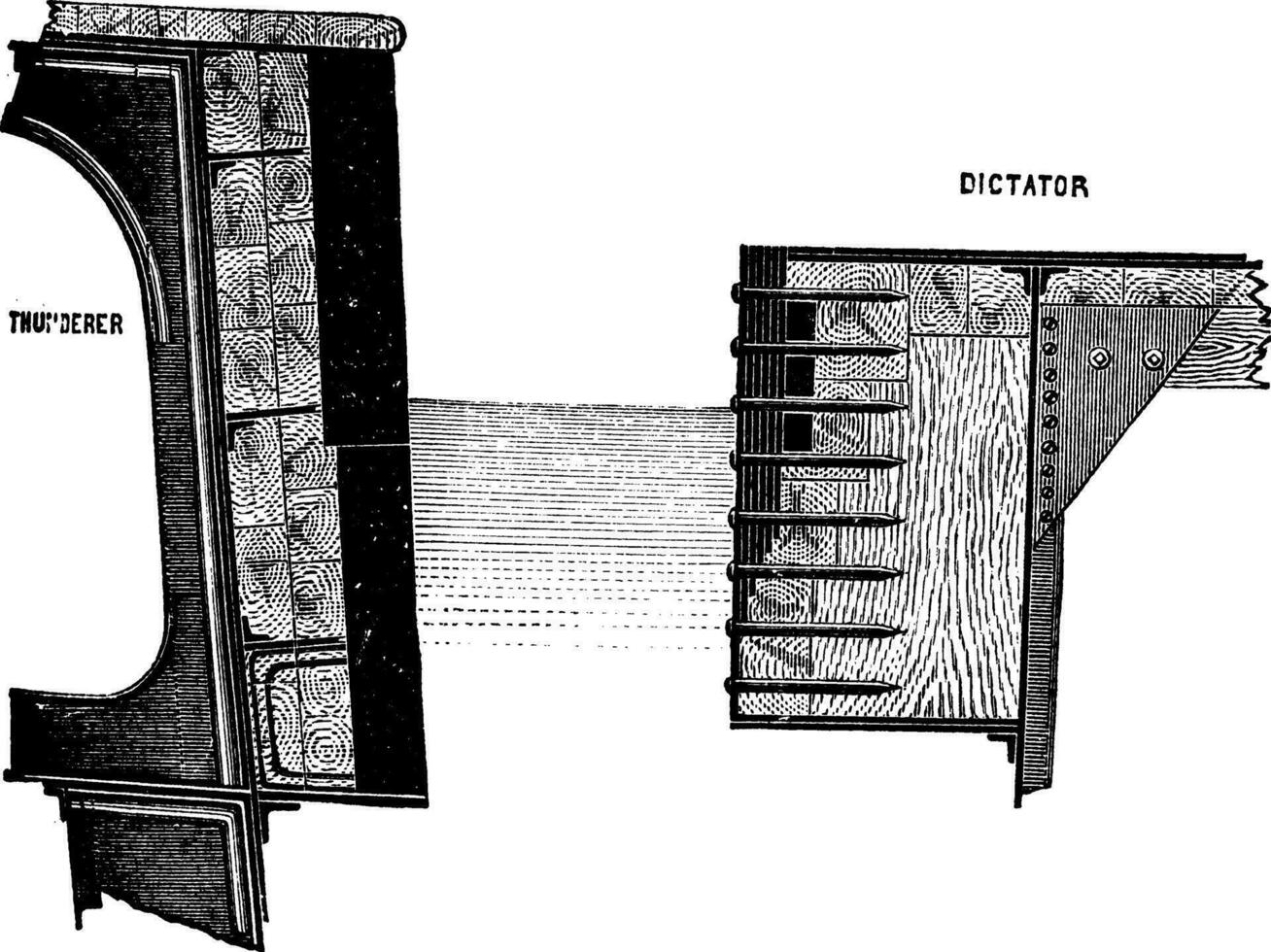 secciones cruzadas de el hms trueno y el uss dictador, Clásico grabado ilustración vector