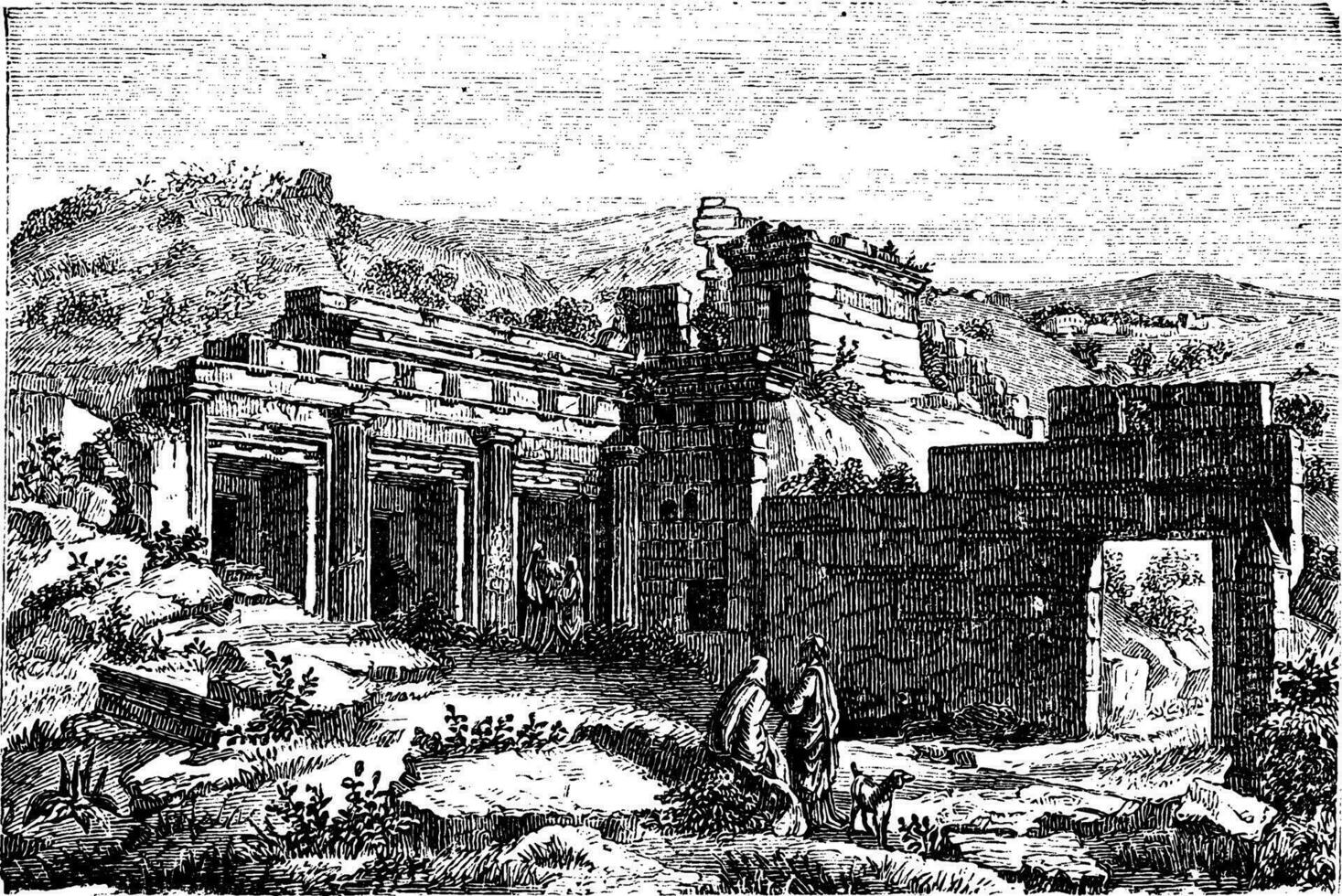 Ruins of Cyrene, in Shahhat, Libya, vintage engraving vector