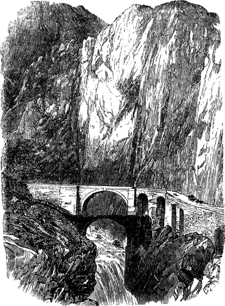 Devil's Bridge in Uri, Switzerland, vintage engraving vector