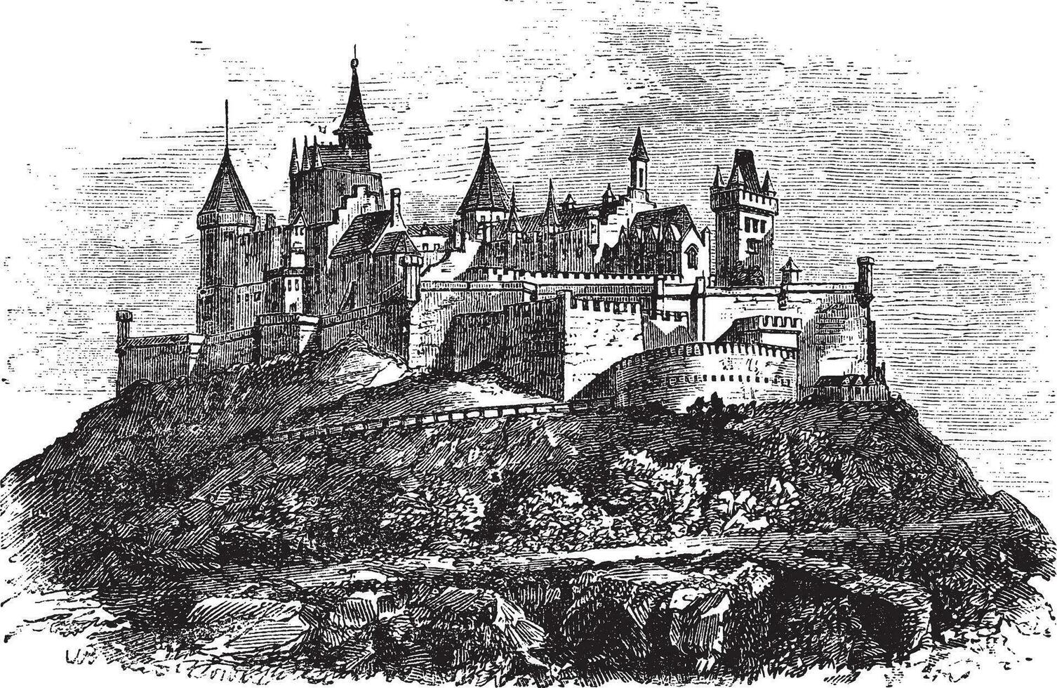 Hohenzollern Castle or Burg Hohenzollern in Stuttgart, Germany vintage engraving vector