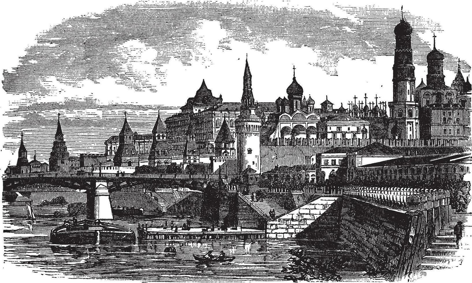 The Moscow Kremlin and river,Russia vintage engraving vector