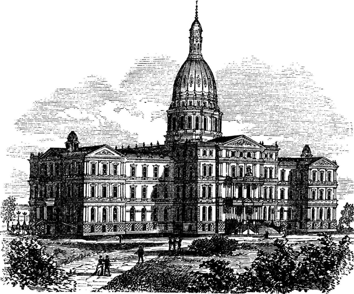 Michigan State Capitol Building. Lansing, United States vintage engraving vector