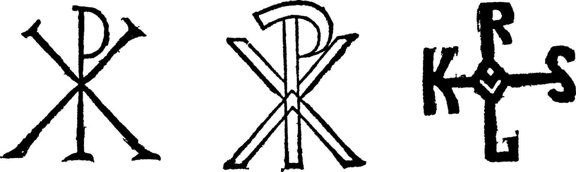 Monogram of Christ, by century and Monogram of charlemagne, vintage engraving vector