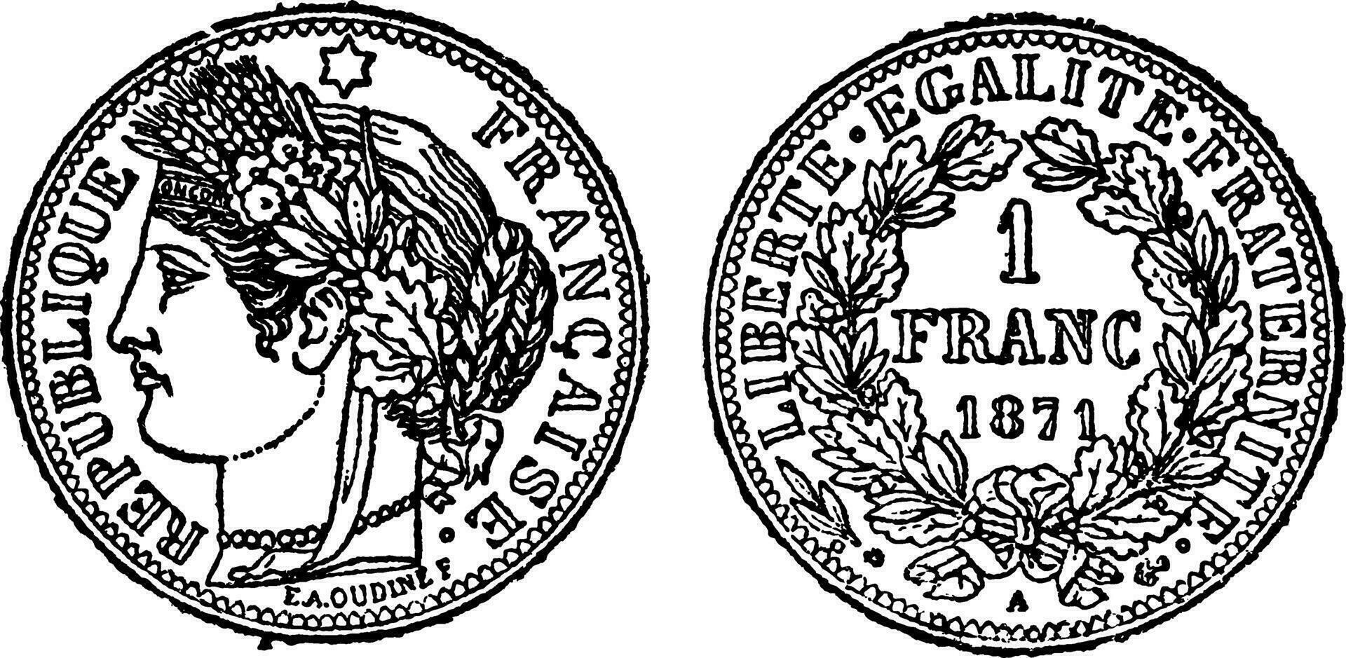 Piece of silver 1 franc, vintage engraving vector