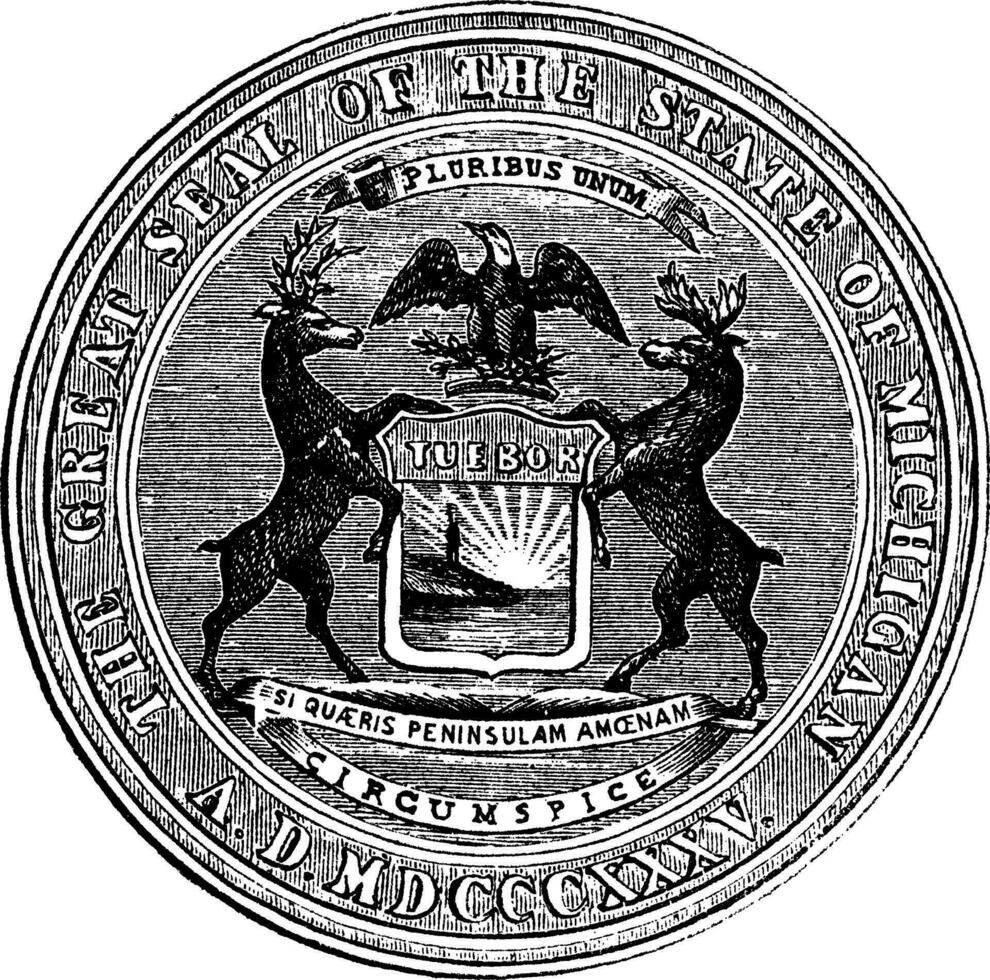 sello de el estado de Michigan, Clásico grabado vector
