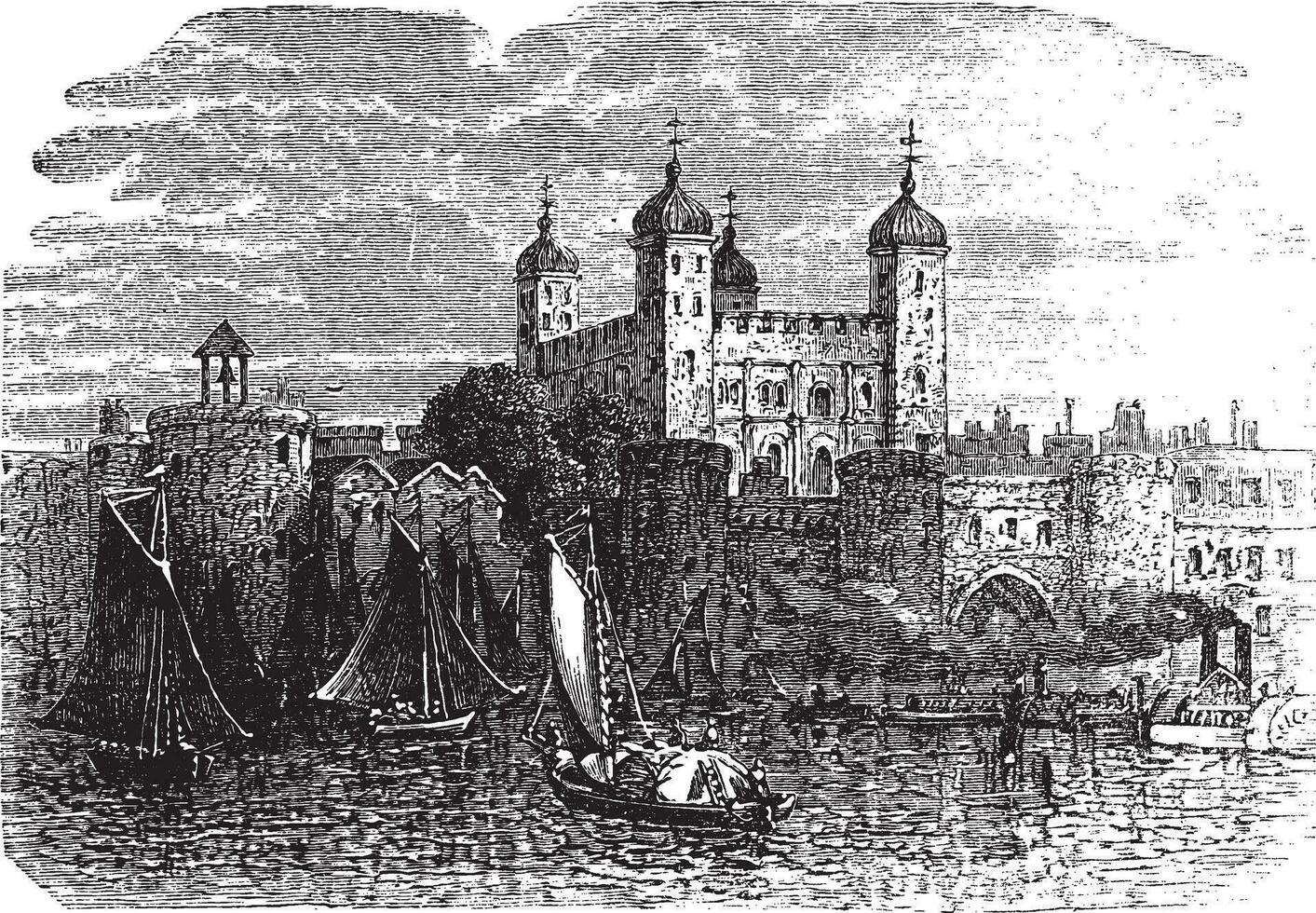 Tower of London or Her Majesty's Royal Palace and Fortress in London England vintage engraving vector