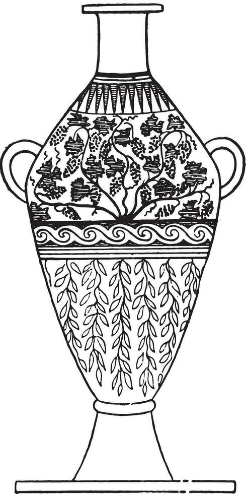 Handled vase decorated with leaves, vintage engraving. vector