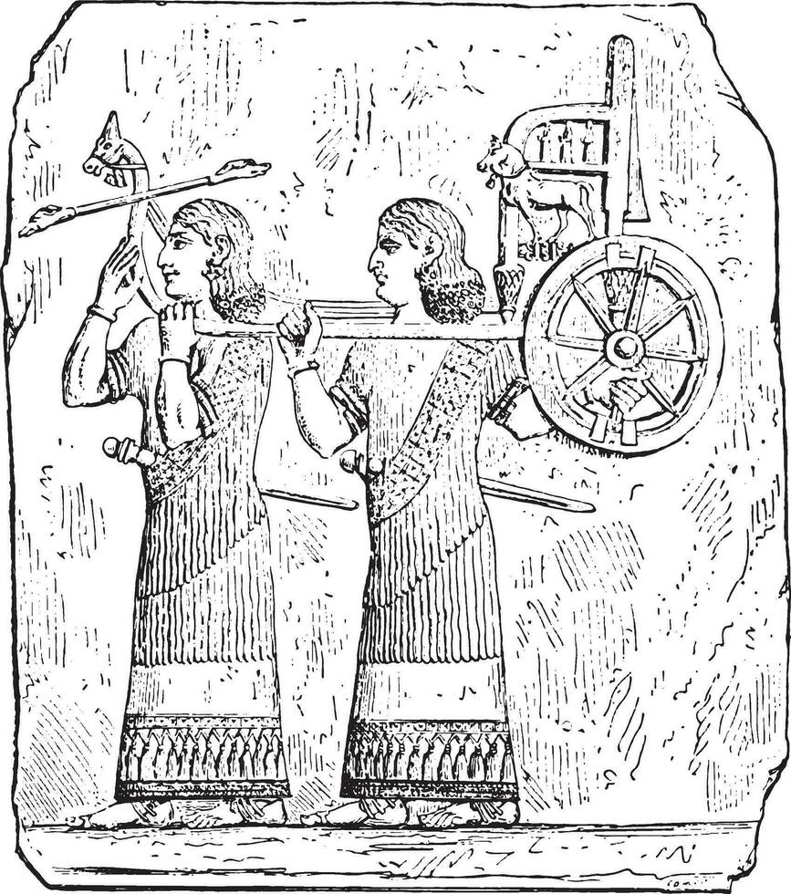 Characters wearing a throne, vintage engraving. vector