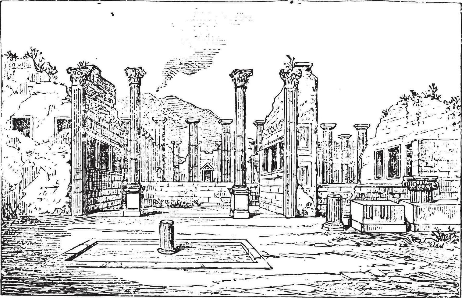 Peristyle of the House of the Faun, vintage engraving. vector