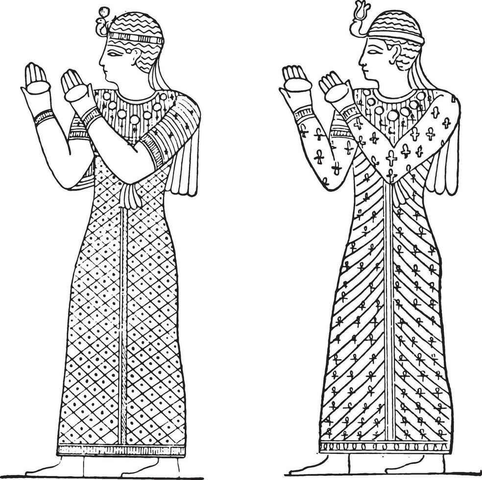 Egyptian drawings dresses with a warbling, vintage engraving. vector