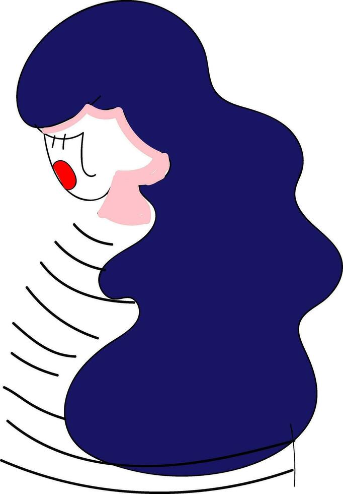 Girl with long dark blue hair and red lips vector illustration on white background.