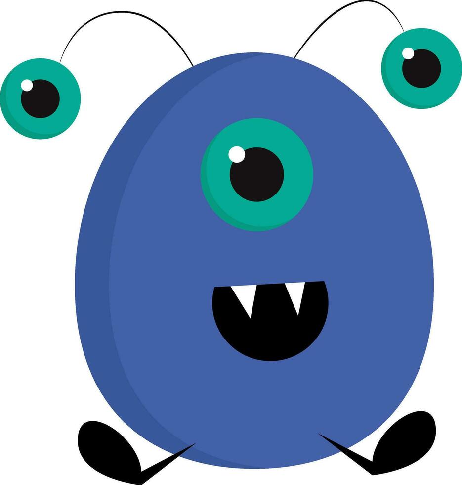 Smiling blue ovak monster with three eyes vector illustration on white background.