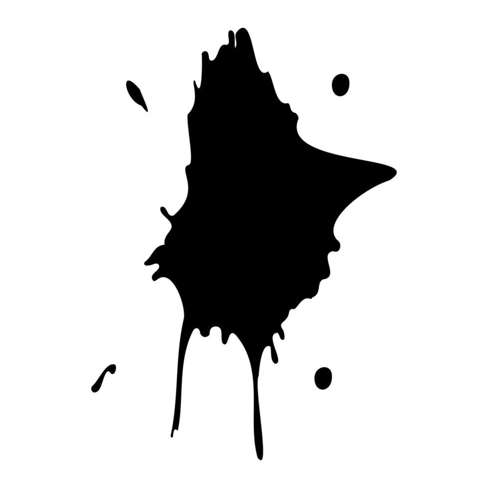 Ink blot. Abstract stain with drops and splashes. Black paint splatter. Vector illustration isolated on a white background. Liquid dirty inkblot. Grunge style. Design element