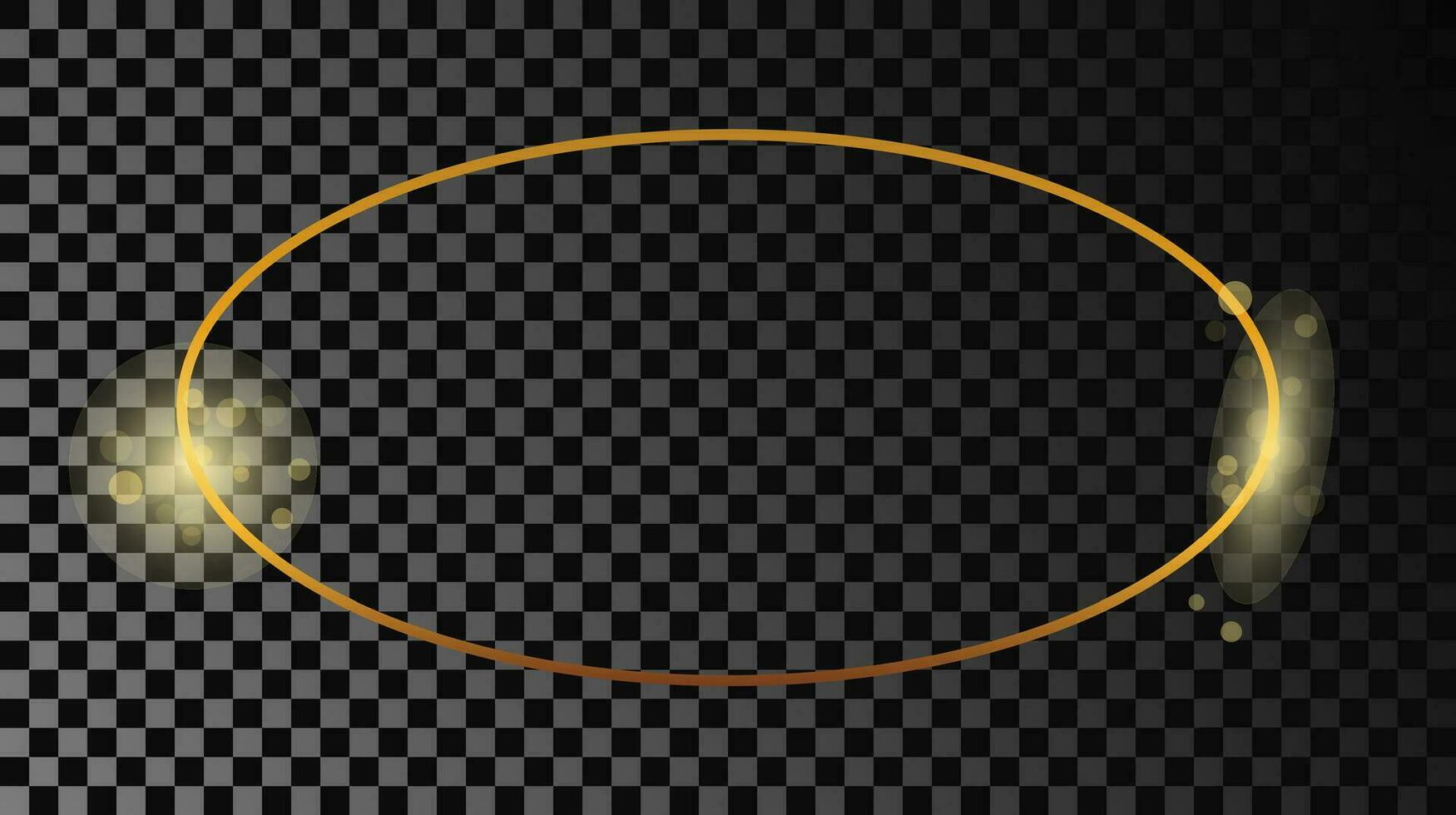 Gold glowing oval shape frame isolated on dark background. Shiny frame with glowing effects. Vector illustration.