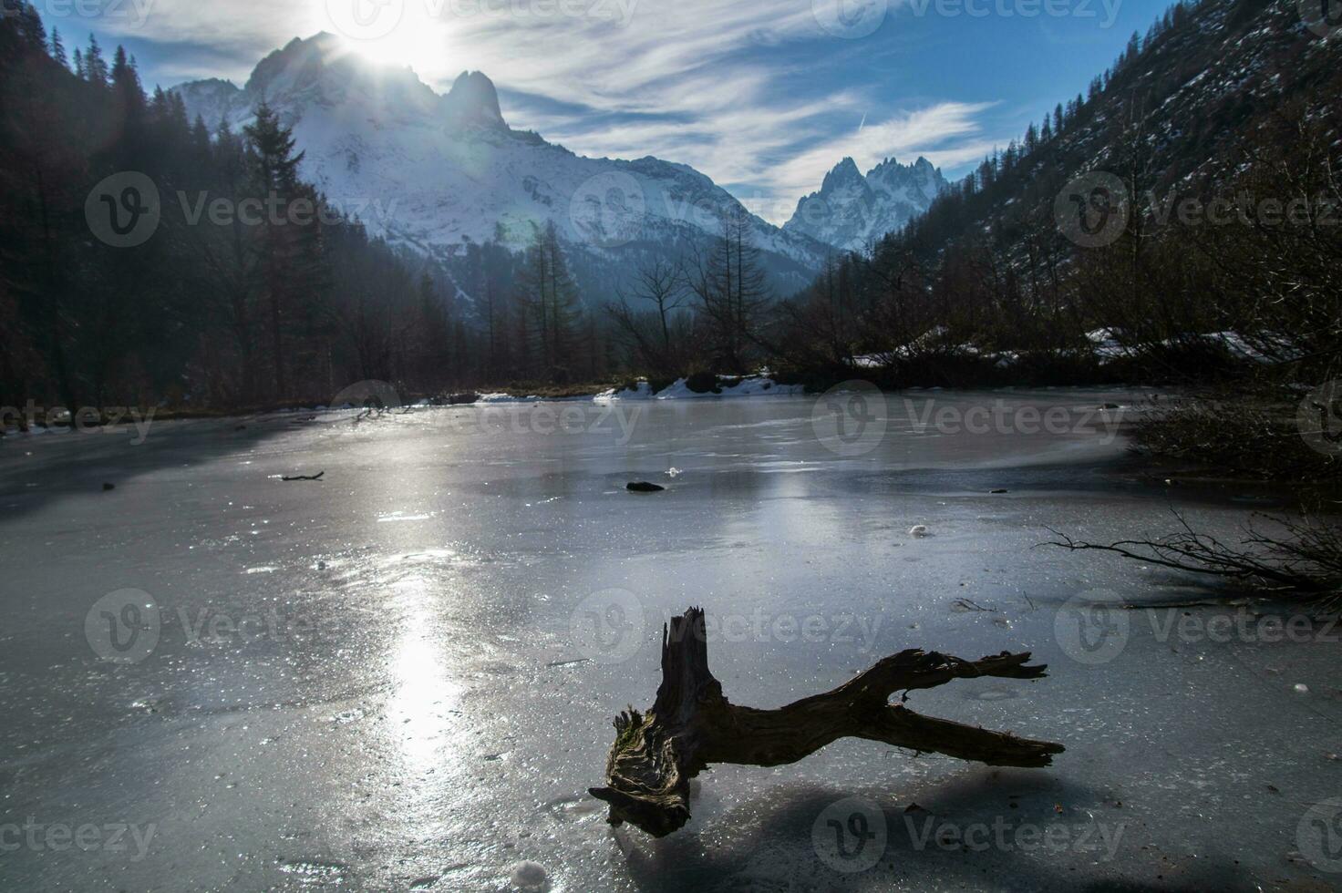 congelado lago con muerto madera en el francés Alpes foto