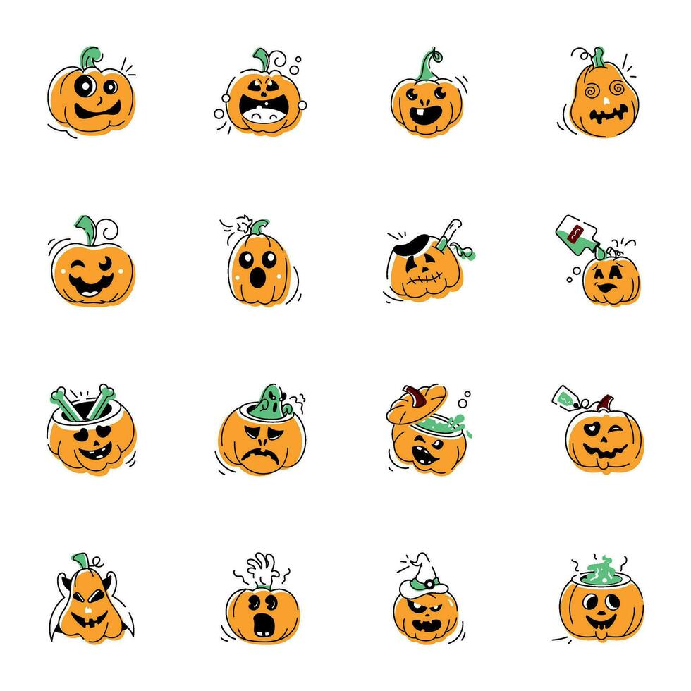 Scary Halloween Pumpkins Doodle Icons vector