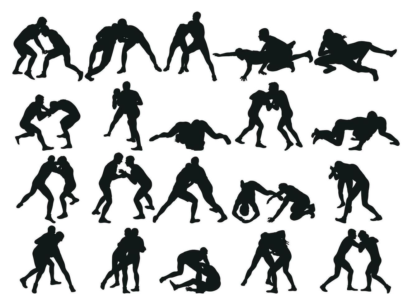 Set of silhouettes athletes wrestler in wrestling, fighting. Greco Roman wrestling, fight, combating, struggle, grappling, duel, mixed martial art, sportsmanship vector