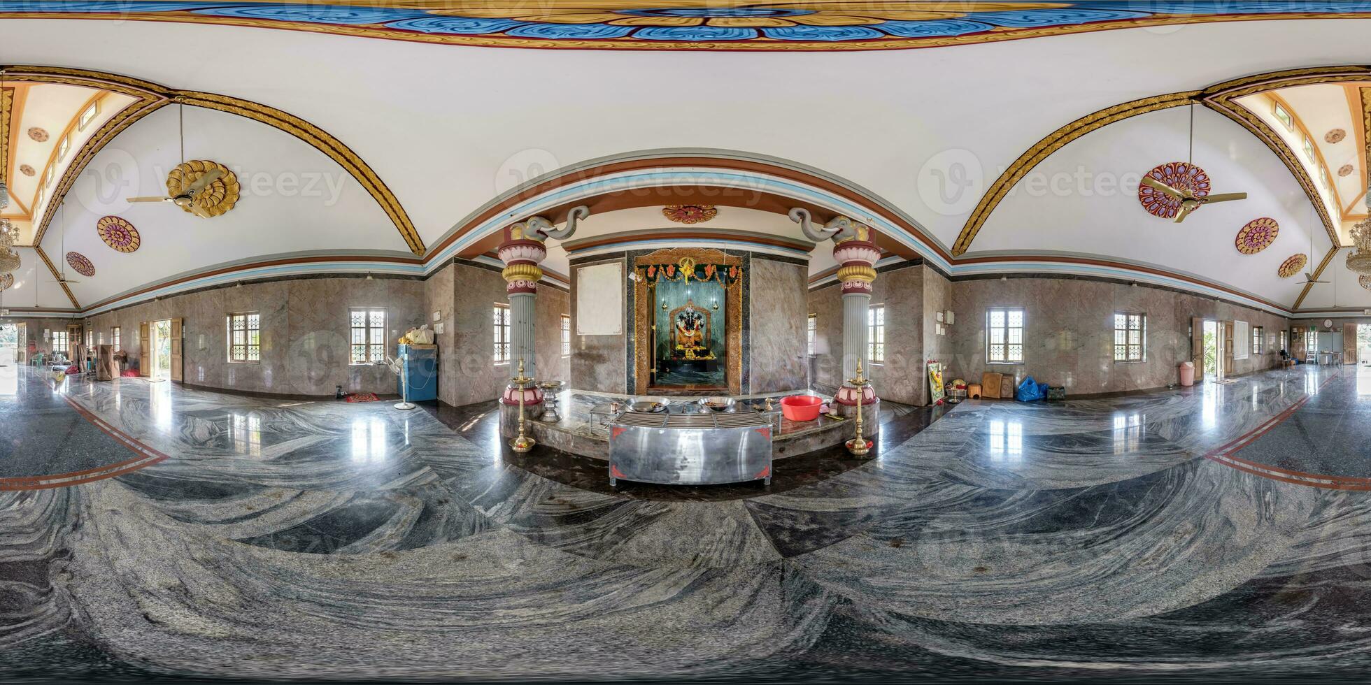 full hdri 360 panorama inside hindu temple of ganesh god of wisdom and prosperity with head of elephant in Indian tropic village in equirectangular projection with zenith and nadir. VR AR content photo