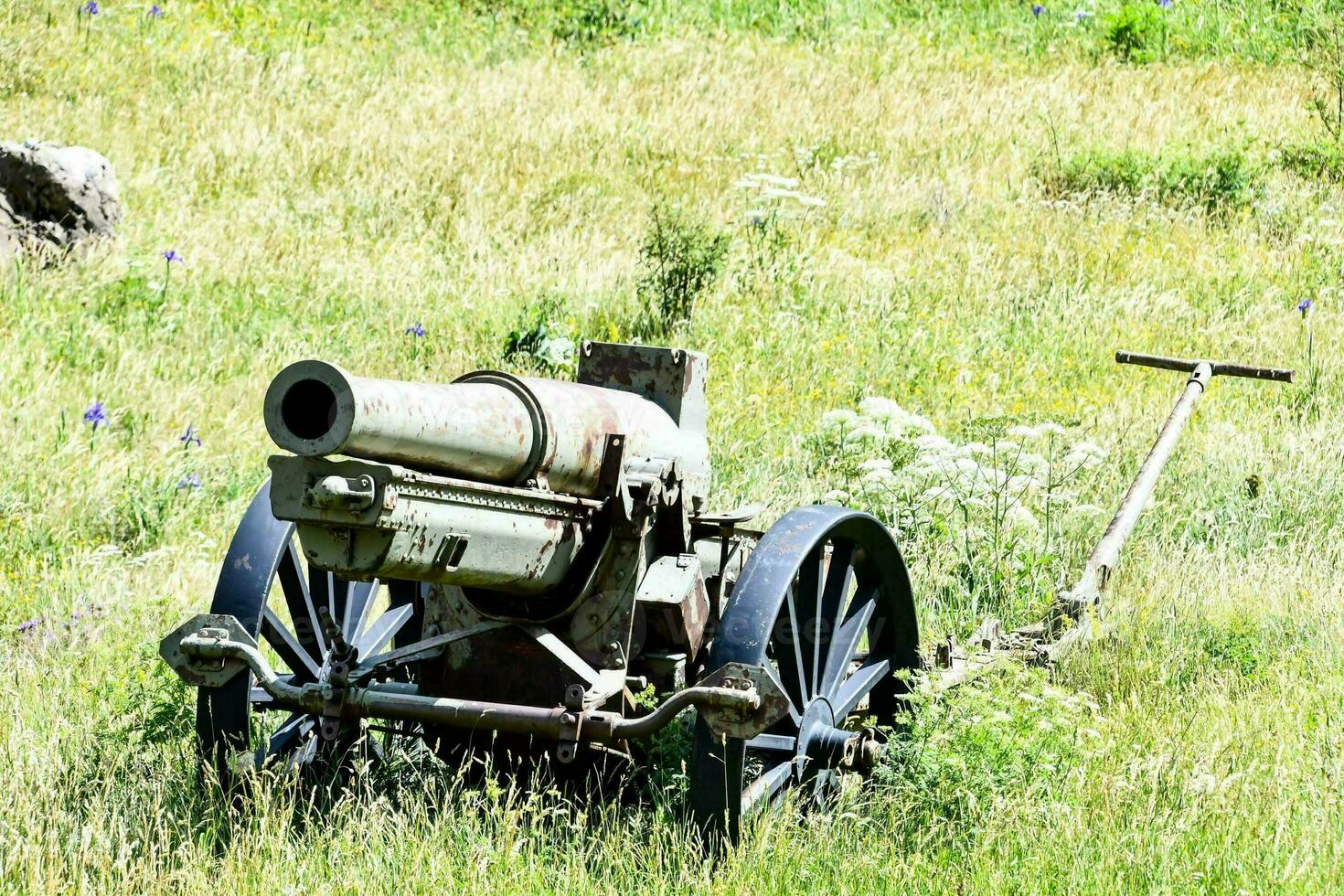 an old cannon sits in the middle of a field photo