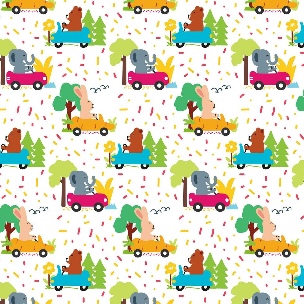 linda animales conducción un coche sin costura modelo. para tela, imprimir, textil y fondo de pantalla vector