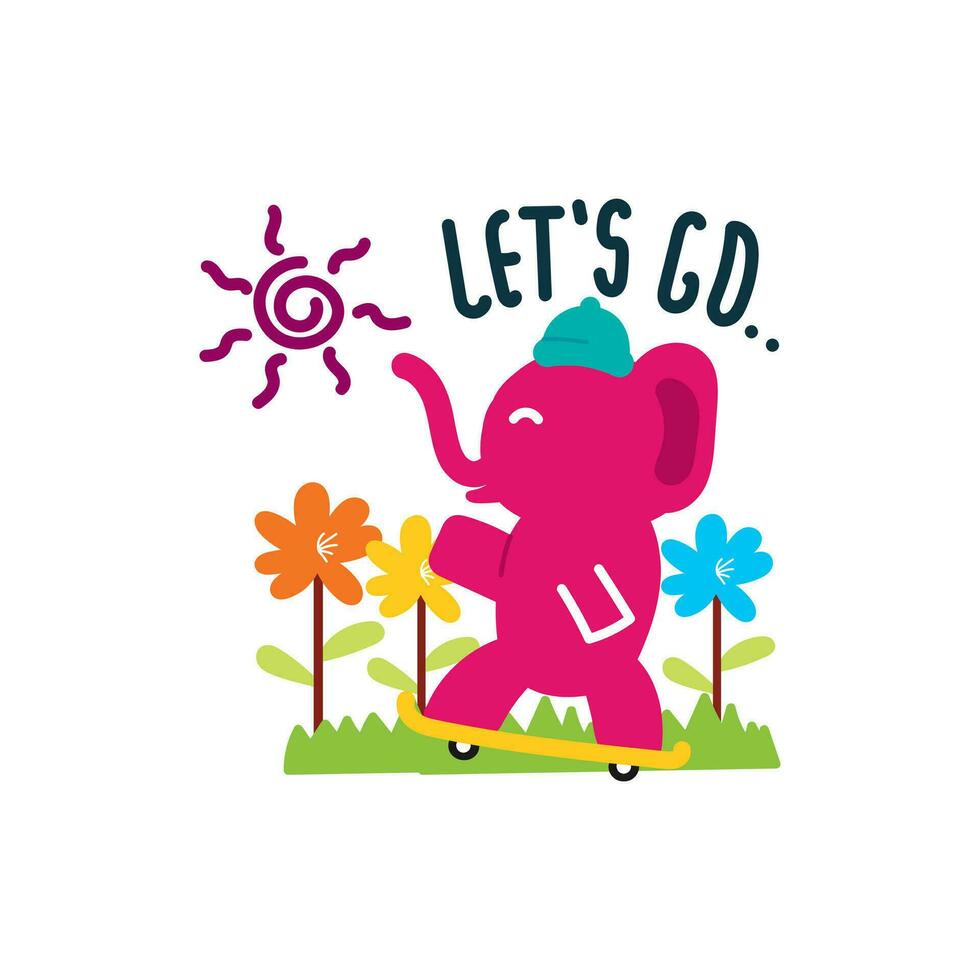 Cute elephant playing skateboad, hand drawn illustration for for fabric, textile and print vector