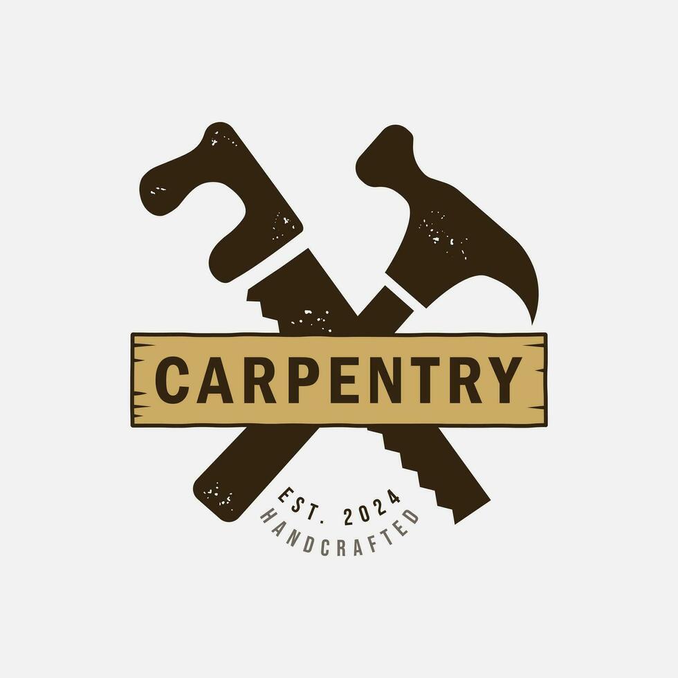 handsaw and hammer logo vector vintage illustration template design for carpentry