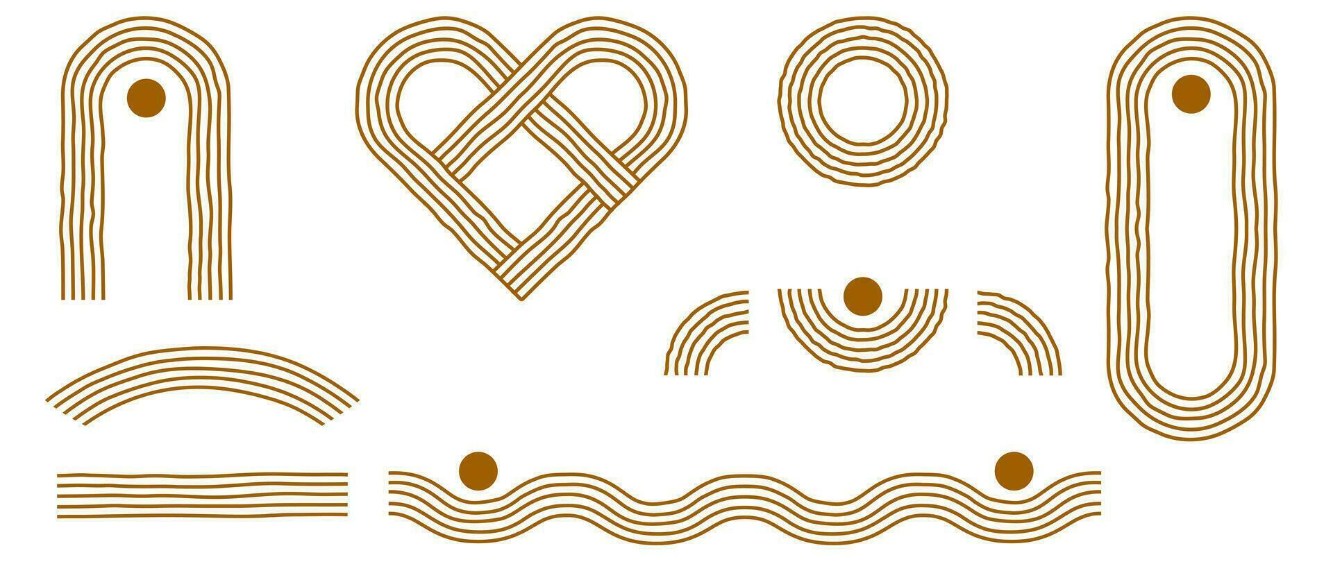 Set of geometric linear shapes in boho style. Arcs and arches of wavy lines. vector