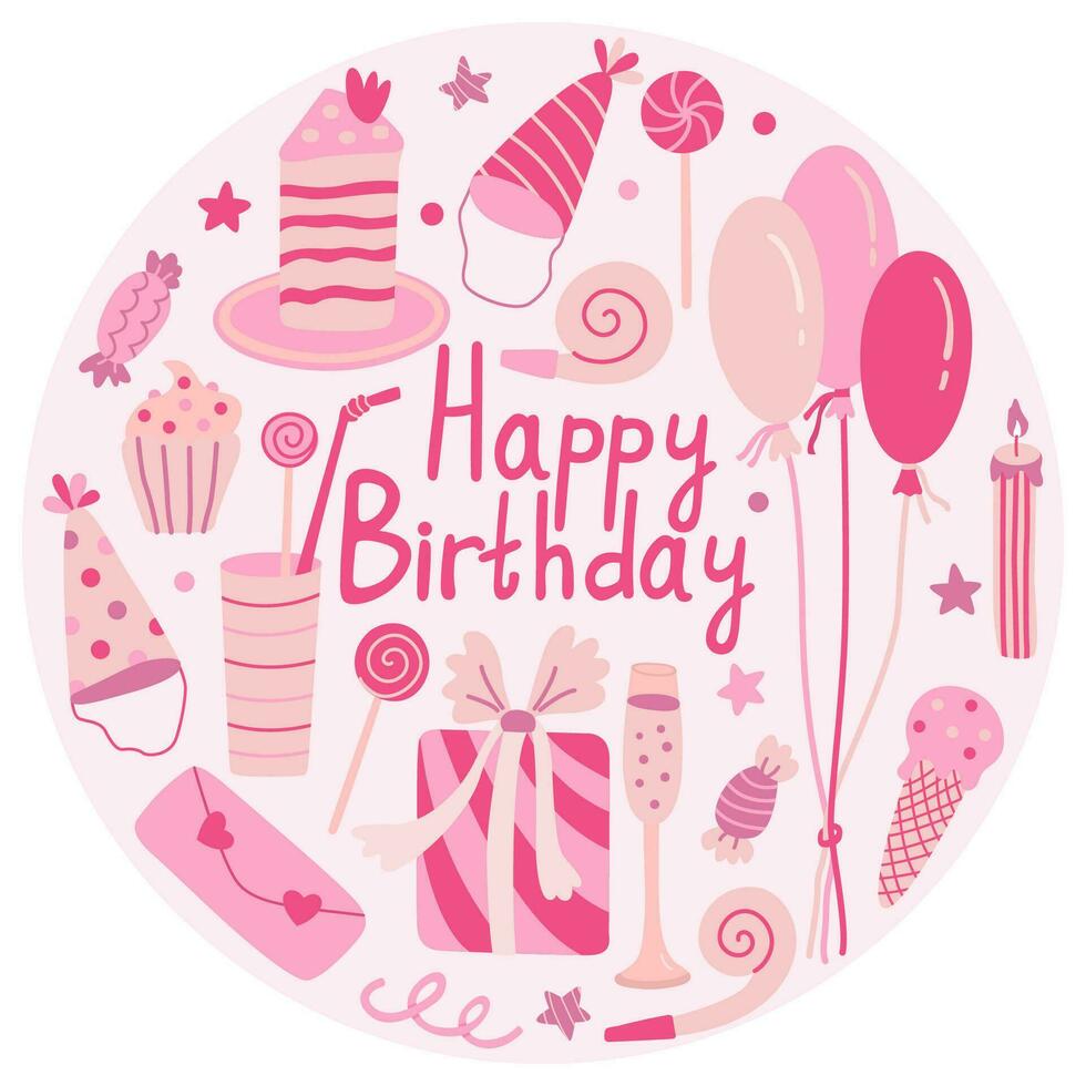 Greeting card with Happy Birthday lettering. Cakes, party hats, gift boxes. Hand drawn flat vector illustration.
