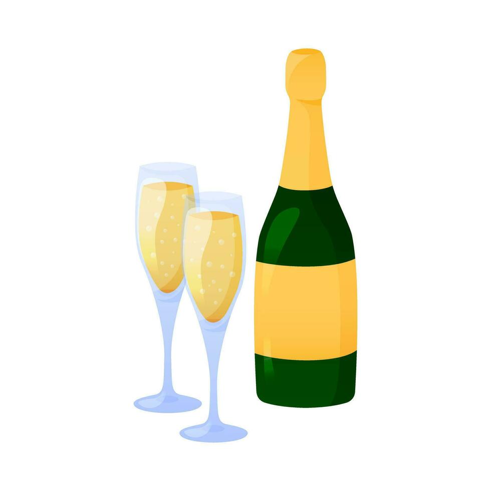 Champagne bottle and two glasses. Sparkling wine in wineglasses isolated. Vector object illustration of alcohol beverage for New year, birthday party, wedding celebration.