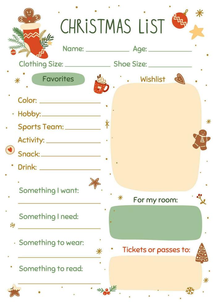 Christmas wishes list template with Christmas dessert tasty gingerbread cookies. Vector winter holiday gift planner, notes, schedule, planner, checklist, notebook. Sweet kids Christmas list for Santa.