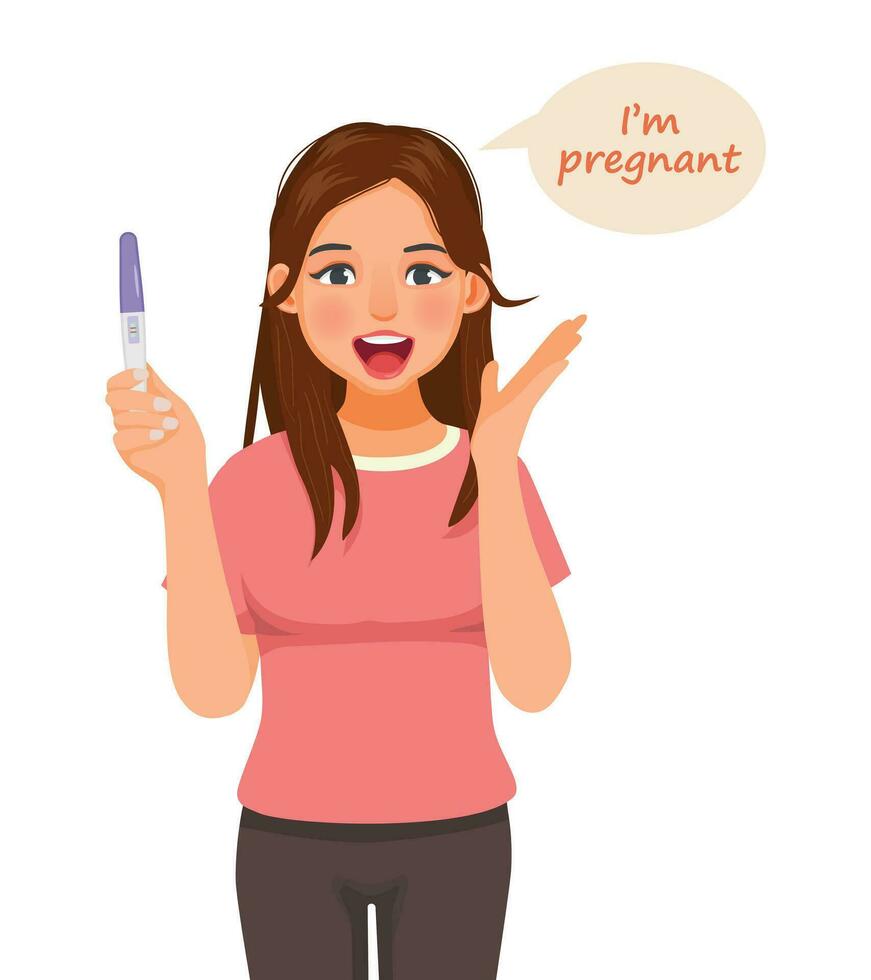 joven mujer emocionado participación positivo el embarazo prueba resultado con dos rojo rayas vector